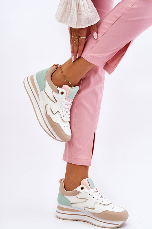 Модне шкіряне спортивне взуття біло-бежевого кольору Roen