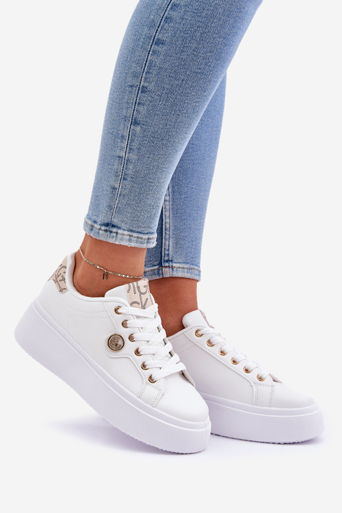 Еко Шкіряні Кросівки На Платформі З Золотим Деталем Біло-Бежеві Zingie