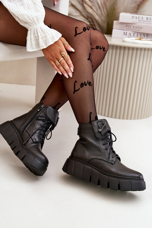 Жіночі шкіряні ботильйони Zazoo 60511 на платформі, утеплені чорні