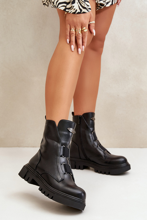 Ботильйони теплі робочі жіночі на блискавці з еко шкіри чорні Mailyra