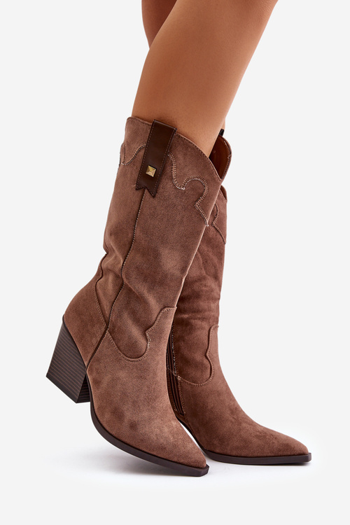 Утеплені ковбойські чоботи на каблуці з еко-замші коричневого кольору Hanivin