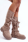 Жіночі замшеві чоботи зі шнурівкою бежево-коричневого кольору