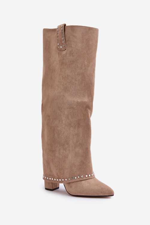 Жіночі чоботи з підгортанням на каблуці Бежеві Kaithena