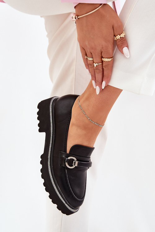 Жіночі мокасини, оздоблені цирконіями чорні Patina