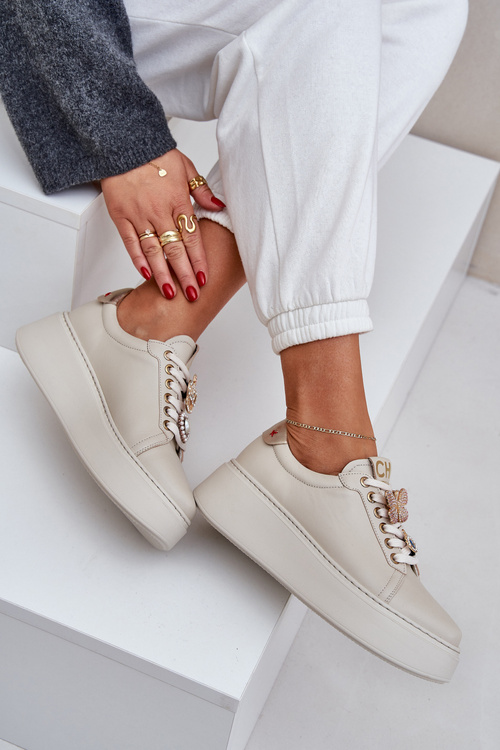 Жіночі Шкіряні Кросівки На Платформі З Декораціями CheBello 4292 Світло-бежеві