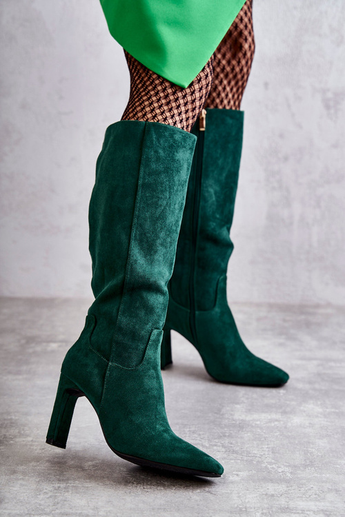 Чоботи жіночі на каблуці до коліна темно-зелені Truly Love