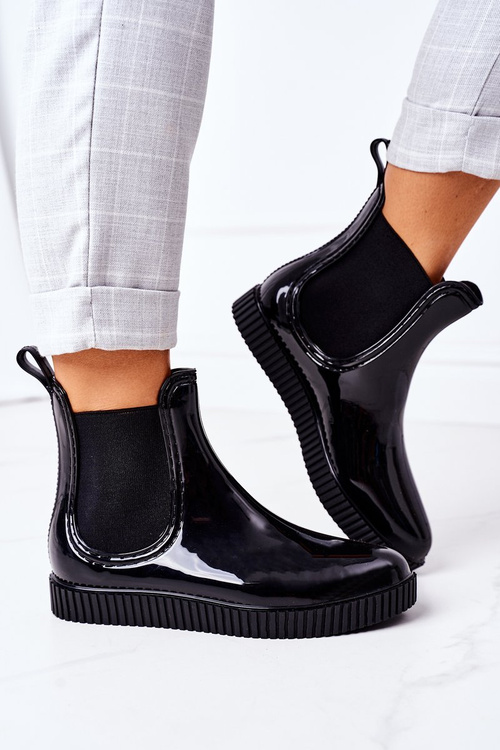 Блискучі гумові чоботи калоші на платформі чорний водоспад
