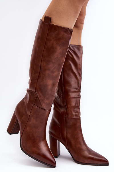 Жіночі чоботи вище коліна на підкладці з блоковим каблуком коричневого кольору Genzani