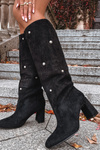 Жіночі утеплені чоботи на каблуці з декоративними деталями чорна Лусінда