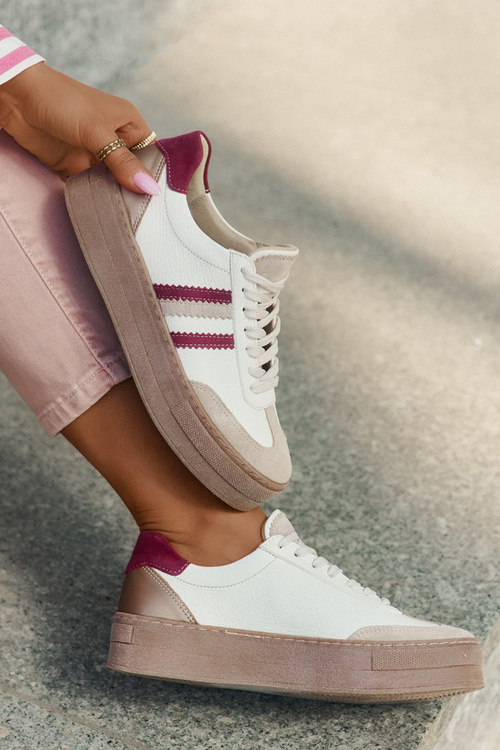 Шкіряні Жіночі Кросівки На Платформі Zazoo N1234 Бежево-Червоні