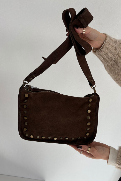 Шкіряна замшева сумка оздоблена стразами шоколадова Savra