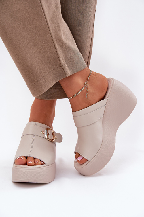 Шкіряні Жіночі Сандалі На Платформі І Каблуці З Застібкою Бежеві S.Barski LR51-542