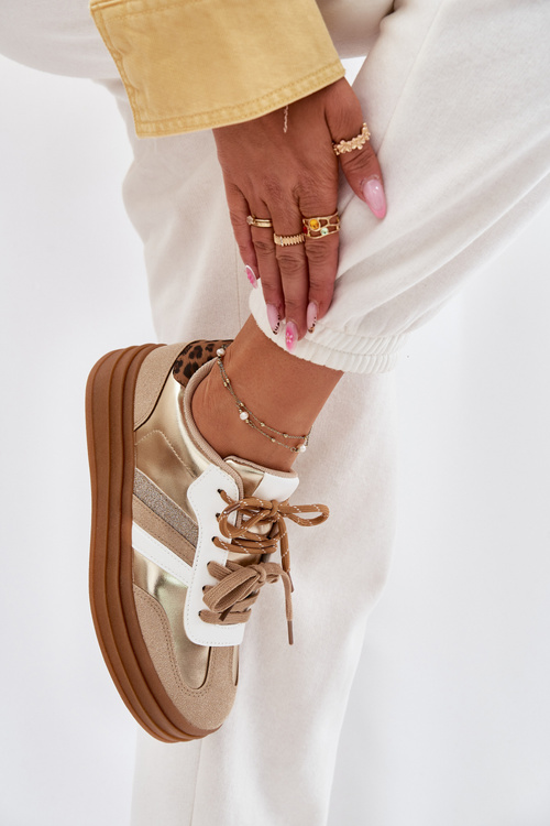 Жіночі Кросівки На Платформі З Подвійним Шнурівкою Леопард Золоті Шпильки