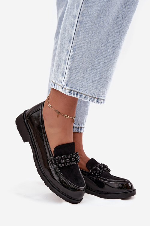 Жіночі лаковані мокасини з намистинами S.Barski HY52-541 Чорні