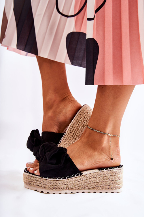 Жіночі тапочки на танкетці з бантом Чорні Тайла