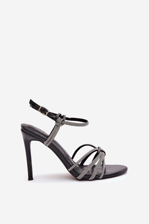 Жіночі босоніжки на підборах з ремінцями і стразами Чорні Tanelle