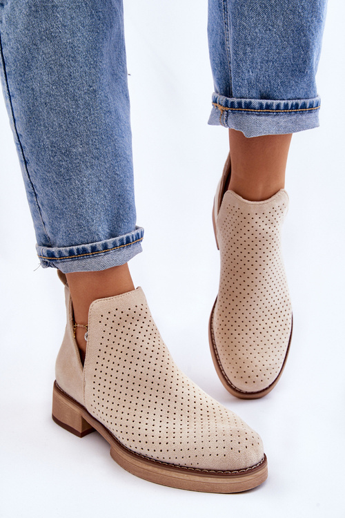 Замшеві ажурні чоботи на плоскій підошві бежеві Angie