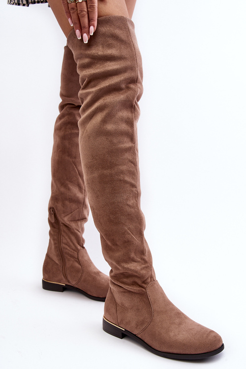 Жіночі чоботи вище коліна на плоскому каблуці Бежеві Bikka