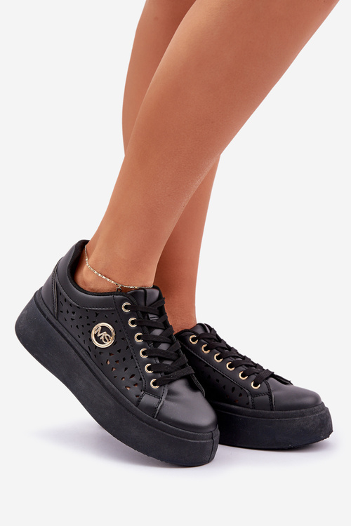 Перфоровані Кросівки З Золотою Деталлю Чорні Cassildi