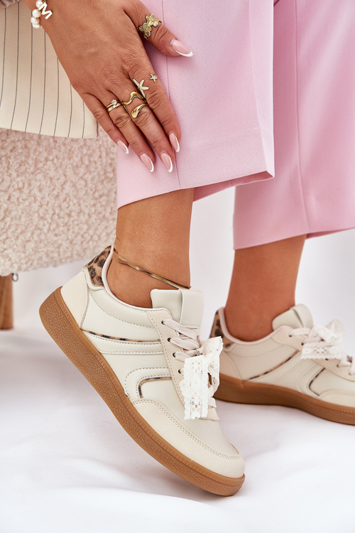 Низькі Жіночі Кросівки З Кружевом Леопардові Бежеві Зієле