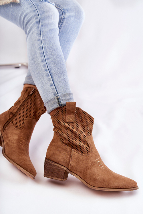 Замшеві ажурні ковбойські чоботи з відстрочкою Camel Elvire