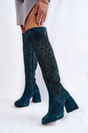 Ажурні замшеві чоботи на підборах Зелені кастри
