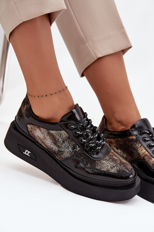 Шкіряне жіноче взуття на шнурівці на платформі Artiker 57C2042 Чорно-золоті