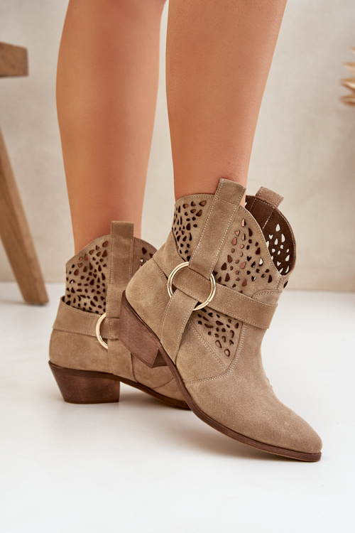 Замшеві Чоботи Ковбоя З Вирізами На Каблуці Бежеві Зазу 2994