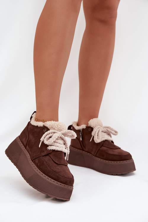 Жіночі зимові черевики на платформі з хутром тип ягнята Коричневі Luma