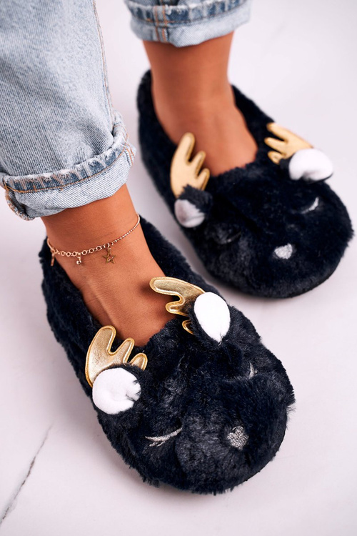 Різдвяні утеплені пухнасті тапочки темно-сині Jingle Bells