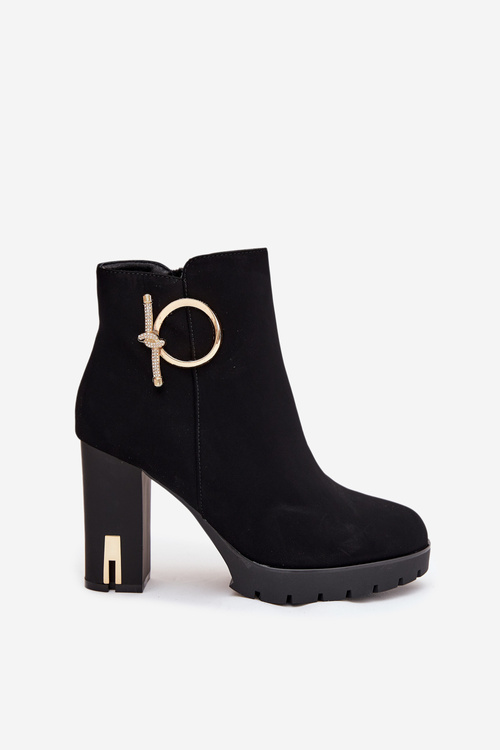 Жіночі утеплені чоботи на підборах з золотою прикрасою Чорні Ysolde