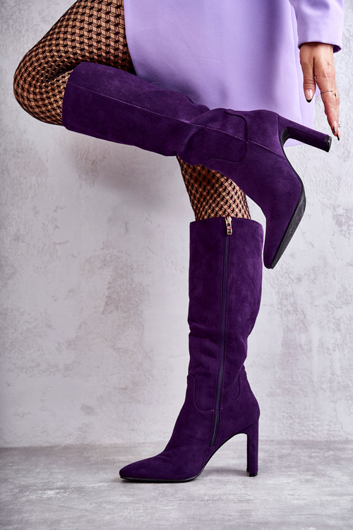 Чоботи жіночі на каблуці до коліна фіолетові Truly Love