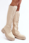 Жіночі утеплені чоботи на шнурівці Glany вище коліна, бежевого кольору Bergdis