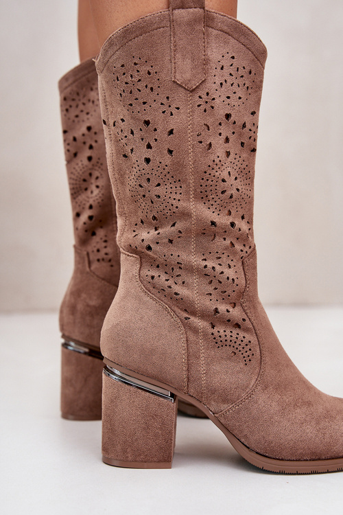 Жіночі ковбойські чоботи з вирізами на каблуці, еко-замшеві, коричневі S.Barski HY42-028