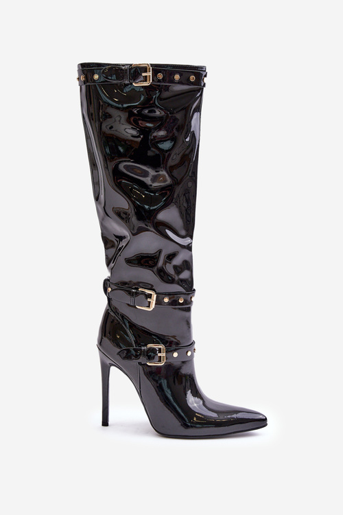 Лаковані ботильйони на шпильці з пряжками чорного кольору Emiraethe