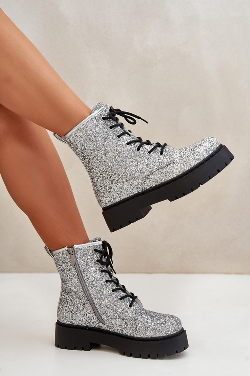 Ботильйони утеплені робочі жіночі прикрашені блискітками сріблястого ліатеїну