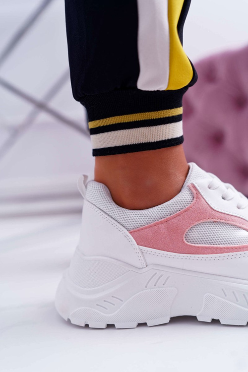 Спортивне жіноче взуття на товстій підошві білі рожеві HighStep