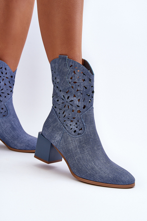 Джинсові чоботи з гратчастим верхом на блочному каблуці Blue Irvelame