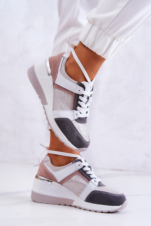 Шкіряне спортивне взуття Кросівки на танкетці сріблясто-сірі Elissa