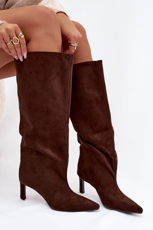 Жіночі чоботи з еко замшу на шпильці шоколадні Phelin