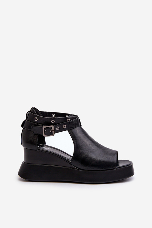 Жіночі босоніжки на платформі та танкетці з чорної екошкіри Hloeli