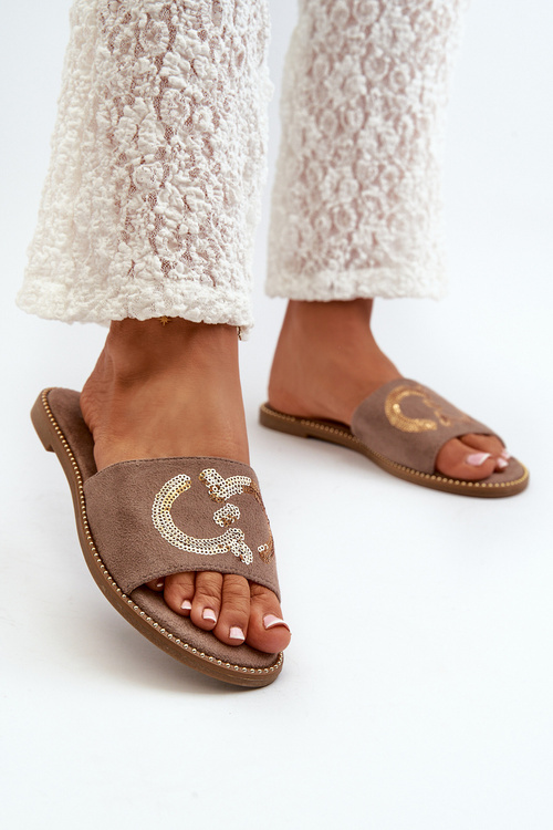 Жіночі тапочки на плоскій підошві з паєтками S.Barski KV27-052 Коричневий