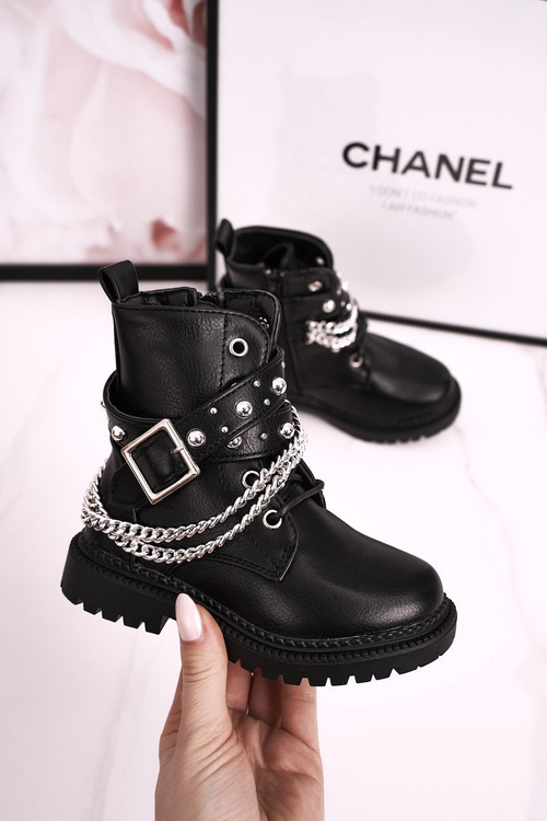 Чоботи дитячі на ланцюжку утеплені хутром Доллі чорного кольору