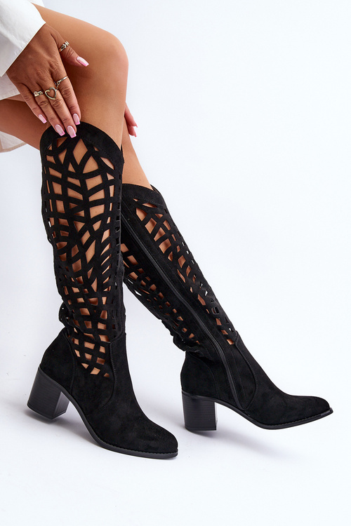 Чорні ажурні чоботи на підборах Pinkema