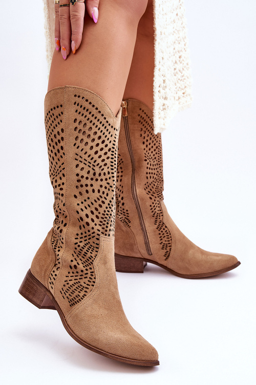 Замшеві ковбойські чоботи до коліна Leewski Shoes 3305 Beige