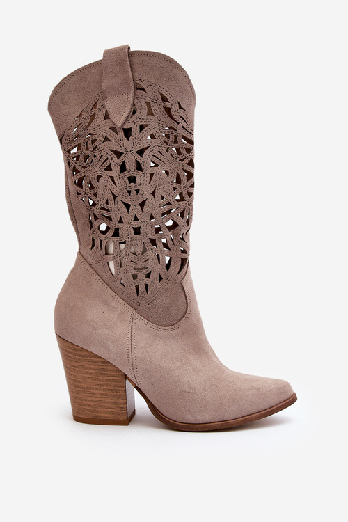 Жіночі бежеві замшеві ажурні чоботи на високих підборах Zazoo 3166/P