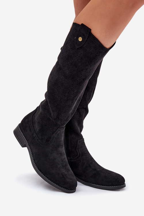 Чоботи На Плоскому Каблуці З Перфорованим Візерунком Чорні S.Barski HY51-062