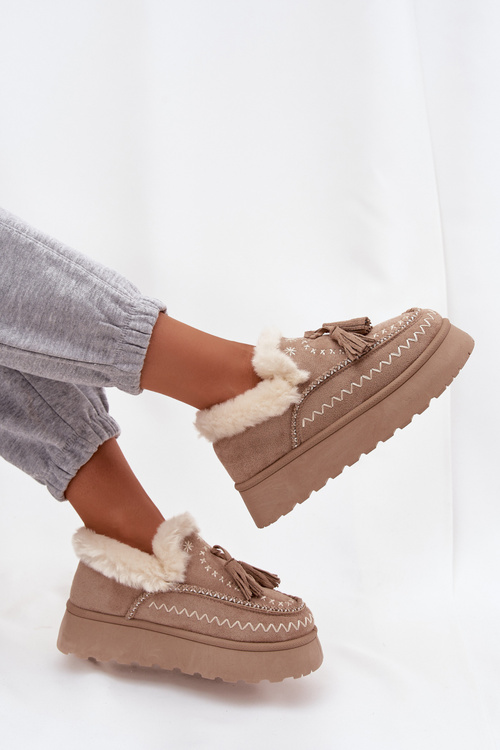 Жіночі зимові черевики на платформі з хутром і бахромою бежеві Ferayne