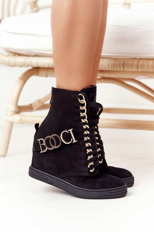 Жіночі замшеві кросівки на танкетці BOOCI 2222 Golden Letters Black