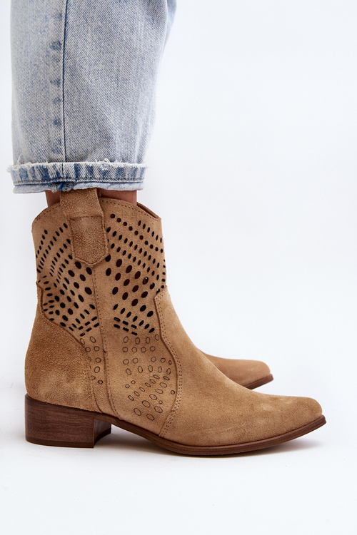 Zazoo 3305/2 Жіночі ковбойські чоботи з вирізом на низькому каблуці, замшеві бежеві